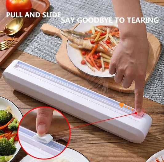 Plastic film cutter and dispenser Cling Film Dispenser easy to wrap and cut Slide Cutter, BPA Free Plastic body best quality best for Home and Kitchen Okayhai