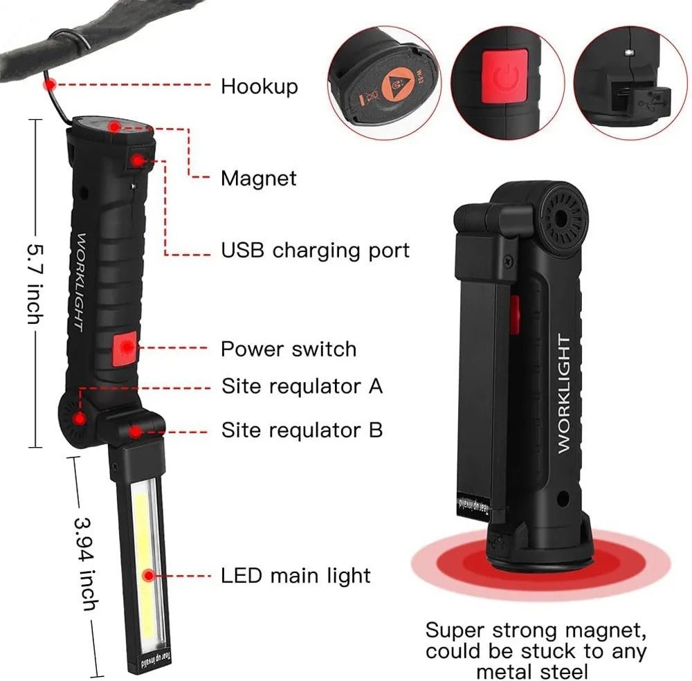 5 Mode Portable COB LED Flashlight USB Rechargeable with Magnetic Base and Pocket Holder camping torch - Okayhai