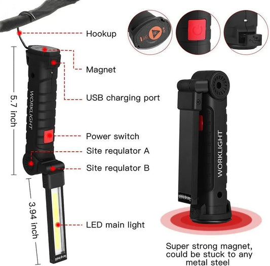 5 Mode Portable COB LED Flashlight USB Rechargeable with Magnetic Base and Pocket Holder camping torch - Okayhai