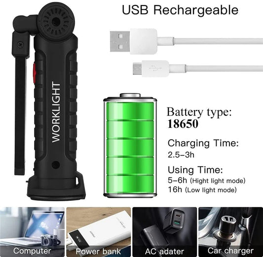 5 Mode Portable COB LED Flashlight USB Rechargeable with Magnetic Base and Pocket Holder camping torch - Okayhai