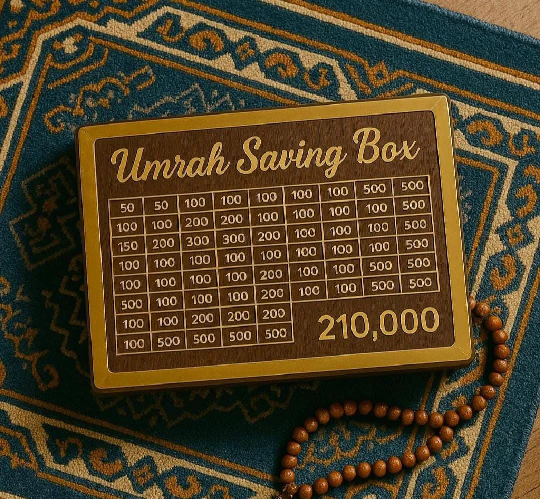 Wooden Umrah Saving Box – 280‑Day Halal Savings Plan Okayhai