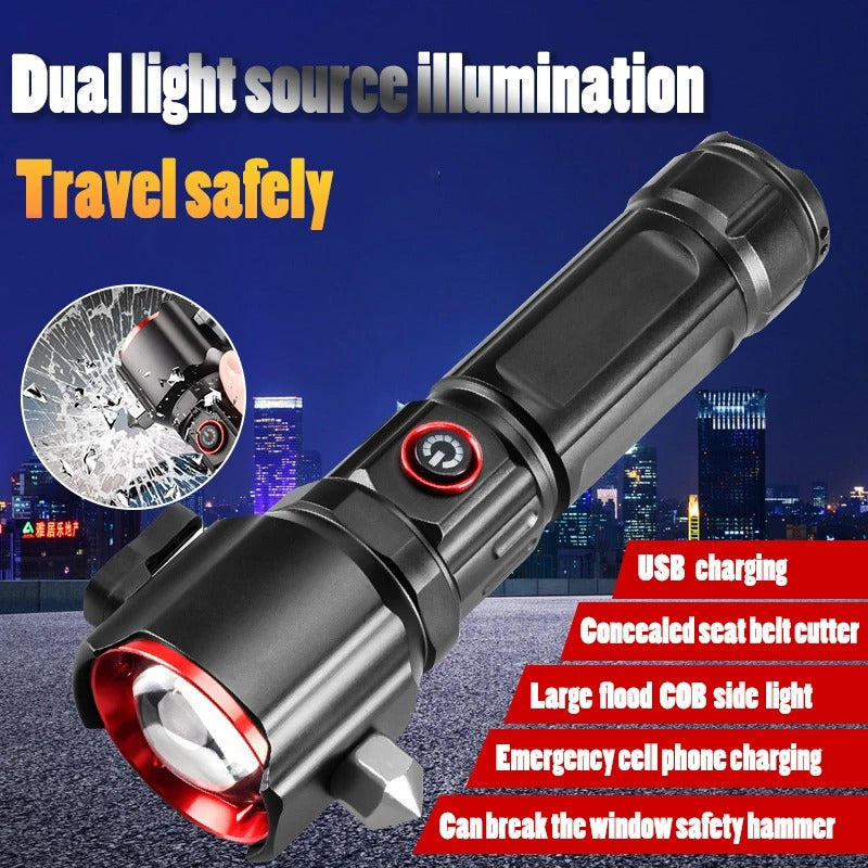 Hammer Torch Long Range Multifunction USB Rechargeable with Car Window Breaker for Emergency Travel and Hunting Okayhai