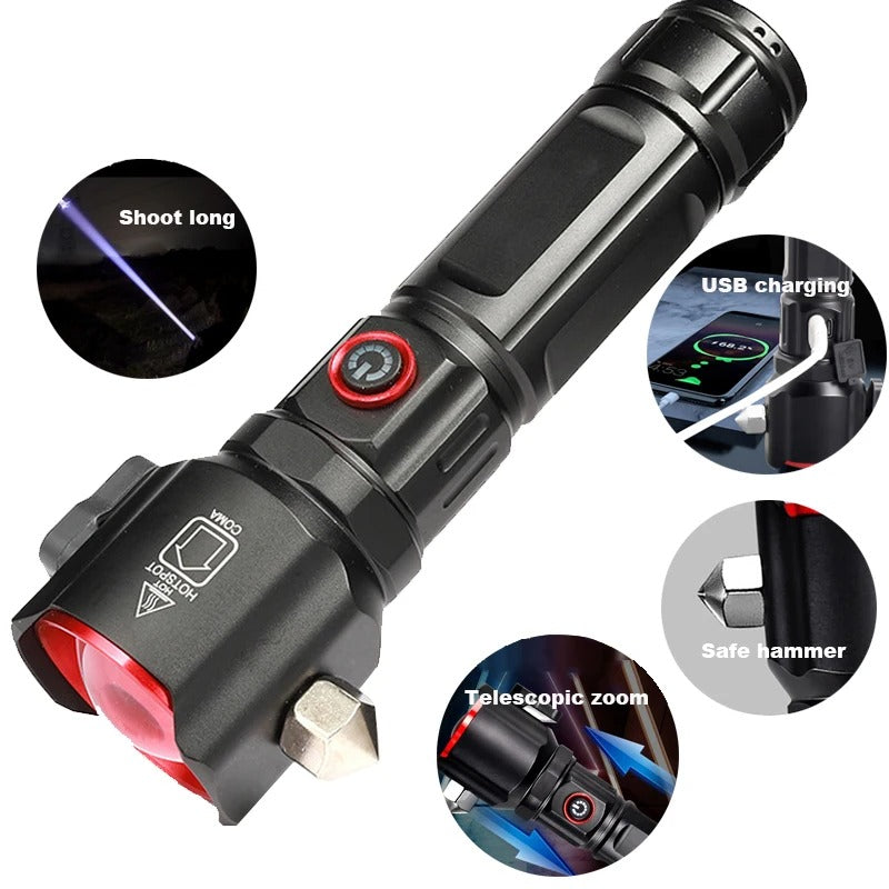 Hammer Torch Long Range Multifunction USB Rechargeable with Car Window Breaker for Emergency Travel and Hunting Okayhai