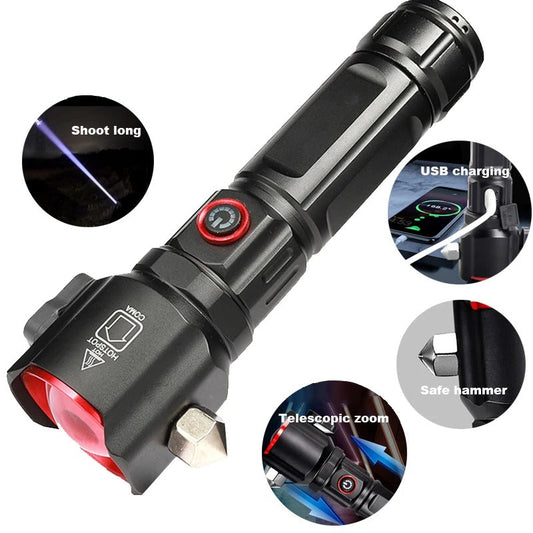 Hammer Torch Long Range Multifunction USB Rechargeable with Car Window Breaker for Emergency Travel and Hunting Okayhai